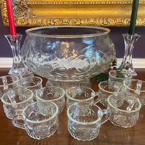 Jeannette Fruit Clear 25-piece Punch Bowl Set, 12 Matching Cups & Hooks,  Wedding, Anniversary, Retirement, Holiday Party, Housewarming Gift 