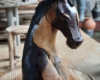 Handcarved wooden knight/ horse head sculpture