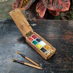 Artist's mini wooden gouache/WC paint box or field sketch box with a folding brushes