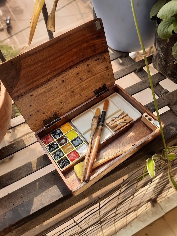 Handmade wooden pocket gouache paint box