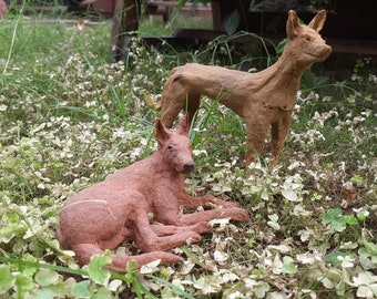 Handmade paper mache dog sculpture, set of 2