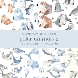 May include: Four seamless pattern designs featuring watercolour illustrations of polar animals. The designs include seals, walruses, and beluga whales on a white background. The text "SEAMLESS PATTERN DESIGN polar animals 2 12" x 12" - 300DPI JPG and PNG" is displayed in a light blue banner.