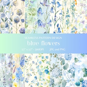 Può includere: Un set di 10 motivi digitali senza cuciture con illustrazioni ad acquerello di fiori blu. I motivi sono di 30,48 cm per 30,48 cm e 300 DPI. I motivi sono disponibili nei formati JPG e PNG.