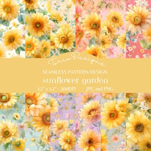 May include: A collection of watercolor sunflower patterns in various colors, including yellow, orange, and pink. The design is labeled "sunflower garden" and is 12" x 12" in size. The image also includes the text "Toria Designs" and "JPG and PNG".