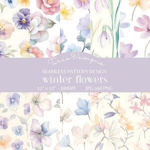 May include: A set of four digital seamless patterns featuring watercolor illustrations of winter flowers in shades of pink, blue, yellow, and green. The patterns are 12 inches by 12 inches and 300 DPI. The patterns are available in JPG and PNG formats.