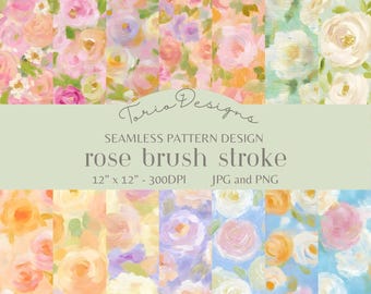 Rozenpenseelstreek: 14 naadloos patroon, digitaal papier, ai, bloem, roos, rozen, bloem, bloemen, Julietroos, olieverfschilderij