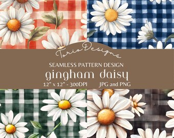 Gingham Daisy: 4 naadloos patroon, digitaal papier, ai, bloem, gingang, madeliefje, madeliefjes, bloemen