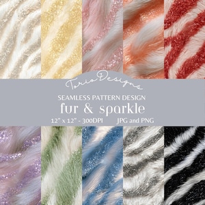 May include: A digital seamless pattern design titled Torio Designs fur & sparkle, featuring ten vertical swatches of faux fur textures in white, yellow, pink, orange, red, purple, green, blue, silver, and black, measuring 12 inches by 12 inches.