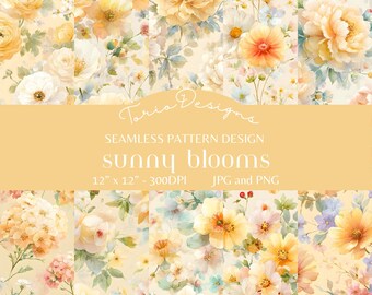 Naadloos patroon met 10 zonnige bloemen | Digitaal papier met gele aquarelbloemen | Botanisch patroon in cottagecore-stijl | Stoffenprint JPG PNG