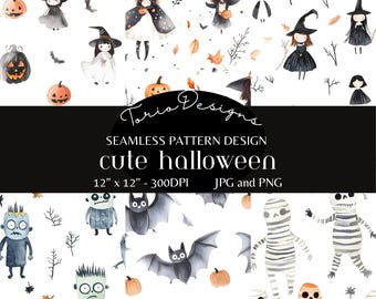 Leuke Halloween: 6 naadloze patronen, digitaal papier, ai, halloween, eng, spookachtig, jack-o-lantern, heks, vleermuis, mummie, Frankenstein