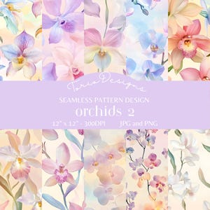 以下が含まれることがあります： ピンク、紫、白の色合いのさまざまな蘭の花を特徴とするシームレスパターンデザイン。「Toria Designs」と「orchids 2」の文字が含まれています。パターンは30.48 cm x 30.48 cmで、JPGおよびPNG形式で利用できます。