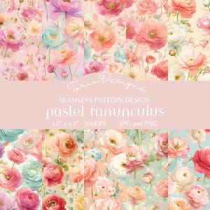 May include: A seamless pattern design featuring pastel ranunculus flowers in shades of pink, peach, and white. The design includes the text "Toria Designs" and "pastel ranunculus" with dimensions of 12" x 12".