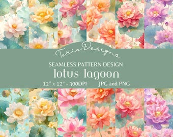 Bundel met 12 naadloze patronen van Lotus Lagoon | Digitaal papier met aquarel lotusbloemen | Botanische bloemenachtergrond | Printbaar op stof (PNG/JPG)