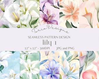 Lelie 1: 10 naadloos patroon, sublimatie, lelie, lelies, beker, mok, bloem, bloemen, bloemen, pastel, flora