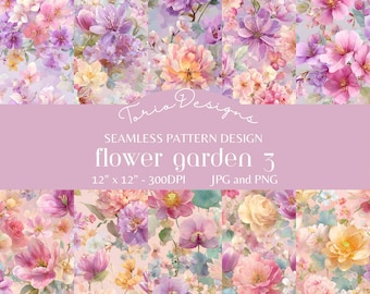 Bloementuin 3 (roze-paars): 10 naadloos patroon, valentijnskaarten, botanisch, vlindererwt, paarse krans, siam tulp, orchidee, lotus, lelie