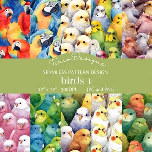May include: A seamless pattern design featuring a collage of colorful birds, including parrots and parakeets. The design includes the text "birds 1" and is 12" x 12" in size. The image is available in JPG and PNG formats.