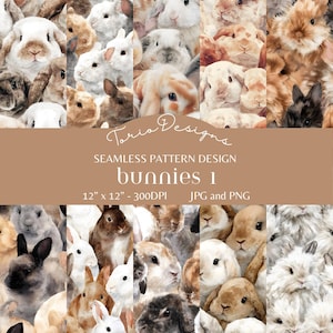 May include: A seamless pattern design featuring a collage of watercolor bunnies in various colors, including white, brown, and black. The design includes the text "Toria Designs" and "bunnies 1". The pattern is 12" x 12" at 300 DPI, available in JPG and PNG formats.
