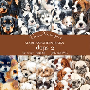 May include: A seamless pattern design featuring a collage of various dog breeds in a watercolor style. The design includes the text "dogs 2" and dimensions of 12" x 12". The image is available in JPG and PNG formats.