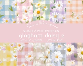 Gingham Daisy 2: 10 naadloos patroon, digitaal papier, ai, bloem, gingang, madeliefje, madeliefjes, bloemen