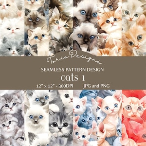 Puede incluir: Un diseño de patrón sin costuras con un collage de caras de gatos en acuarela en varios colores y razas. El diseño incluye el texto "cats 1" y las dimensiones "30,48 cm x 30,48 cm - 300DPI". Disponible en JPG y PNG.