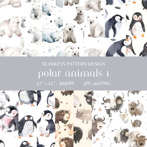May include: A digital paper pack with four seamless patterns featuring watercolor illustrations of polar animals. The patterns include penguins, polar bears, and yaks. The patterns are 12 inches by 12 inches and 300 DPI.