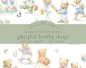 10 Speelse Teddybeer Dagen Naadloos Patroon | Sportieve Teddybeer Digitaal Papier | Aquarel Babykamer Patroon | Kinderstof | PNG JPG 12x12