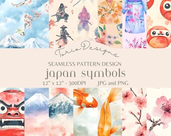 May include: A seamless pattern design featuring Japanese symbols. The design includes illustrations of Mount Fuji, cherry blossoms, samurai, koi fish, and traditional Japanese dolls. The text reads "Japan Symbols" and "12" x 12" - 300DPI JPG and PNG".