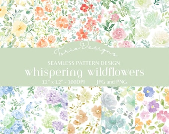 Bundel met 10 naadloze patronen van fluisterende wilde bloemen | Digitaal papier met aquarelbloemen | Cottagecore bloemen JPG PNG | 12x12 inch 300 DPI