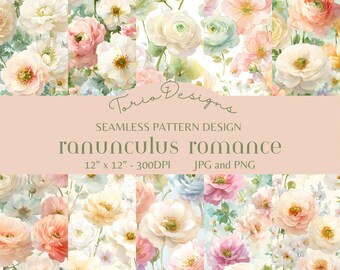 Bundel met 10 naadloze patronen van Ranunculus Romance | Digitaal papier met aquarelbloemen | Bloemen voor een cottagetuin | Vintage botanische stijl | Stoffen PNGJPG