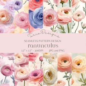 May include: A seamless pattern design featuring delicate pink, white, and blue ranunculus flowers. The design is 12 inches by 12 inches and 300 DPI. The pattern is available in JPG and PNG formats.