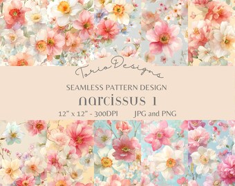 Narcis 1: 10 naadloos patroon, narcis, sublimatie, beker, mok, bloem, bloemen, bloemen, pastel, lente, bloesem, inpakpapier