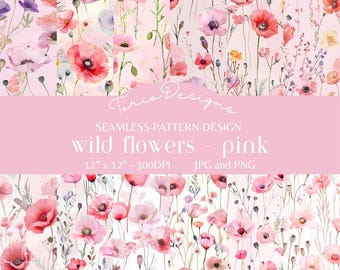 Wilde bloemen roze: 12 naadloos patroon, digitaal papier, ai, valentijnskaarten, bloem, klaproos, wilde bloemen, roze