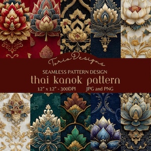 May include: A collection of seamless Thai Kanok pattern designs. The patterns feature ornate floral motifs in gold, red, blue, and green. The text reads "Toria Designs" and "thai kanok pattern 12" x 12" - 300DPI JPG and PNG".
