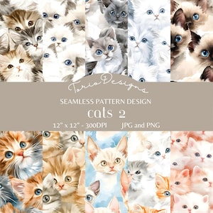 Pode incluir: Um design de padrão sem costura com ilustrações em aquarela de várias raças de gatos. O design inclui vários painéis de rostos de gatos em tons de branco, cinza, laranja e marrom. O padrão tem 30,48 cm x 30,48 cm e inclui o texto "cats 2".
