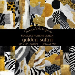 Könnte beinhalten: Ein digitales nahtloses Musterdesign mit dem Titel Golden Safari von Torio Designs. Das Bild zeigt eine Collage aus Tiermustern, darunter Leopardenflecken und Zebrastreifen in Gold, Schwarz, Weiß und Grau. Der Text enthält 30,48 cm x 30,48 cm - 300DPI JPG und PNG.