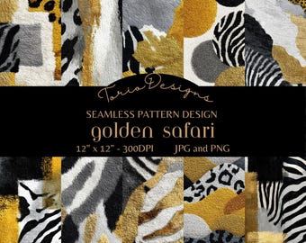 10 gouden safari naadloze patroon digitaal papier, dierenprint naadloze achtergrond, zebraluipaard safari patroon, goud zwart plakboek, png jpg