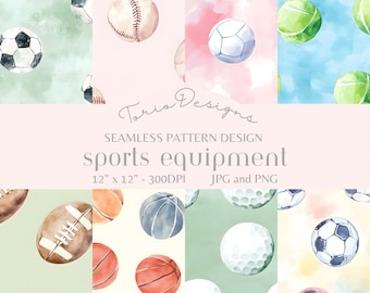 Sportuitrusting: 8 naadloos patroon, digitaal papier, ai, sport, uitrusting, voetbal, tennis, basketbal, honkbal, voetbal, golf, volleybal