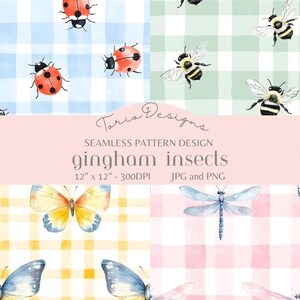 May include: A seamless pattern design with watercolor insects, including ladybirds, bees, butterflies, and dragonflies, set against gingham backgrounds. The design includes the text "Toria Designs" and "gingham insects". The pattern is 30.48 cm x 30.48 cm and available in JPG and PNG formats.