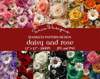 Madeliefje en roos: 12 naadloos patroon, digitaal papier, valentijnskaarten, bloemen, rozen, cadeau, sublimatie, inpakpapier, t-shirt, liefde, madeliefje