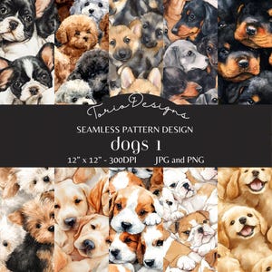 May include: A seamless pattern design showcasing a variety of dog breeds in a watercolour style. Breeds such as French Bulldogs, Dachshunds, and Golden Retrievers are featured. The design includes the text "dogs 1" and dimensions of 30.48 cm x 30.48 cm.