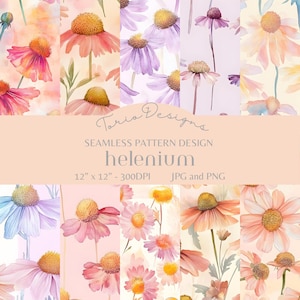 May include: A seamless pattern design featuring watercolor illustrations of helenium flowers in various colors, including pink, purple, and yellow. The design is 12" x 12" and includes JPG and PNG formats. The text "Toria Designs" and "helenium" are also visible.