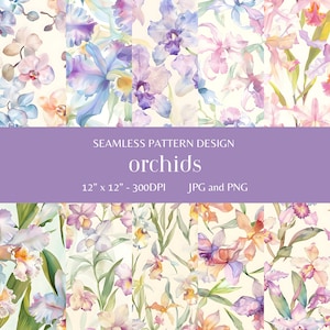 以下が含まれることがあります： 水彩画で描かれた蘭の花を様々なピンク、パープル、イエローの色合いで描いた、シームレスなデジタルペーパーパターン6種類セット。パターンは12インチ×12インチ、300DPIで、JPGとPNG形式で提供されます。