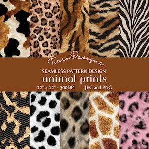 以下が含まれることがあります： シームレスなアニマルプリントパターンのコレクション。牛革、ヒョウ、トラ、シマウマ、ヘビ、ダルメシアン、チーター、キリン、ピンクヒョウのプリントが含まれています。デザインは30.48 cm x 30.48 cm、300 DPI、JPGおよびPNG形式です。「Toria Designs」と「animal prints」の文字があります。