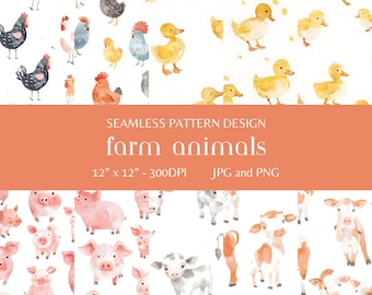 Peut inclure: Un ensemble de quatre motifs numériques sans couture avec des illustrations d'animaux de la ferme à l'aquarelle. Les motifs comprennent des poulets, des canards, des cochons et des vaches. Chaque motif mesure 12 pouces sur 12 pouces et 300 DPI. Les motifs sont disponibles aux formats JPG et PNG.
