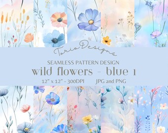 Wilde bloem blauwe kleur 1: 10 naadloos patroon, digitaal papier, ai, valentijnskaarten, bloem, blauw, wilde bloemen