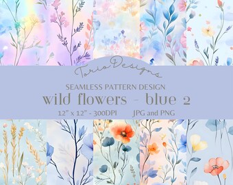 Wilde bloem blauwe kleur 2: 10 naadloos patroon, digitaal papier, ai, valentijnskaarten, bloem, blauw, wilde bloemen