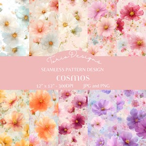 Può includere: Una collezione di design di motivi senza cuciture con fiori di cosmo ad acquerello in vari colori, tra cui rosa, arancione, viola e bianco. I design sono 30,48 cm x 30,48 cm a 300 DPI, disponibili nei formati JPG e PNG. Il testo "Toria Designs" e "Cosmos" è visibile.