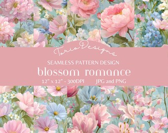 Naadloos patroon Blossom Romance (10 stuks) | Roze bloemen digitaal papier | Aquarel bloemenpatroon | Cottagecore stofprint | JPG PNG 12x12