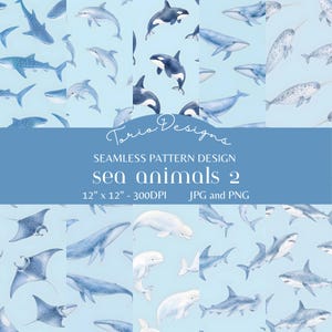 May include: A seamless pattern design featuring various watercolor sea animals, including whales, dolphins, and sharks, on a light blue background. The design is 12" x 12" and includes the text "sea animals 2".