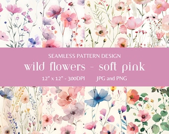 Wild Flowers Soft Pink: 8 naadloos patroon, digitaal papier, ai, valentijnskaarten, bloem